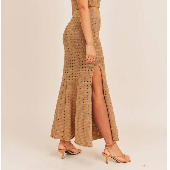 MABLE Pointelle Knit Maxi Skirt Tan Mermaid Hem Perforated Small - Picture 1 of 6